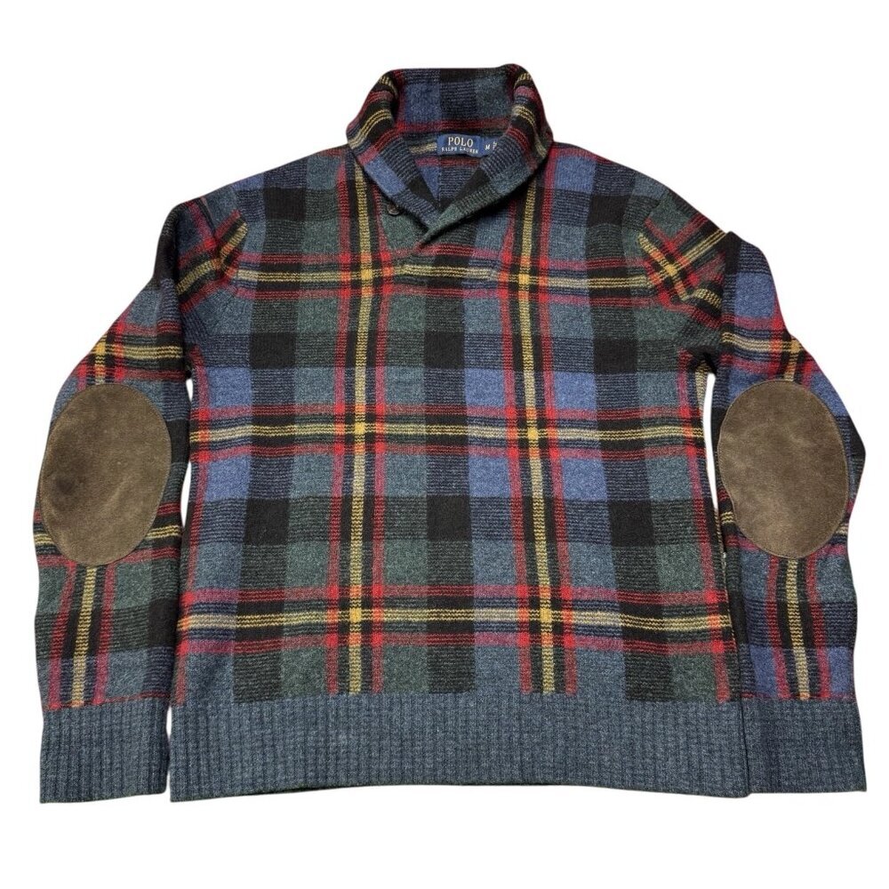 Polo Ralph Lauren Sweater‎ Men's M Lambs Wool Merino Blend Plaid Elbow Patches